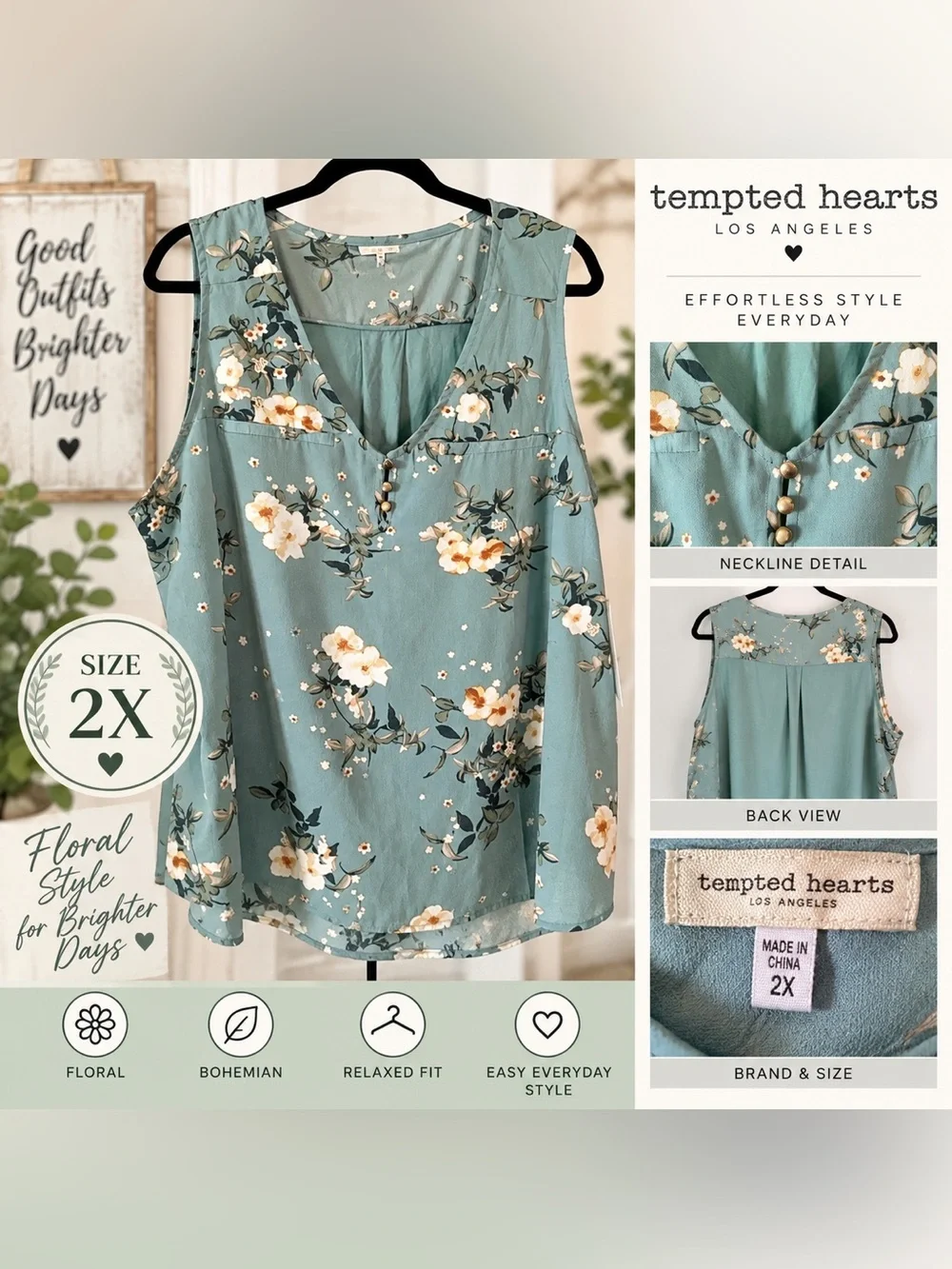 TEMPTED HEARTS FLORAL V-NECK BUTTON DETAIL TANK TOP • SIZE 2X